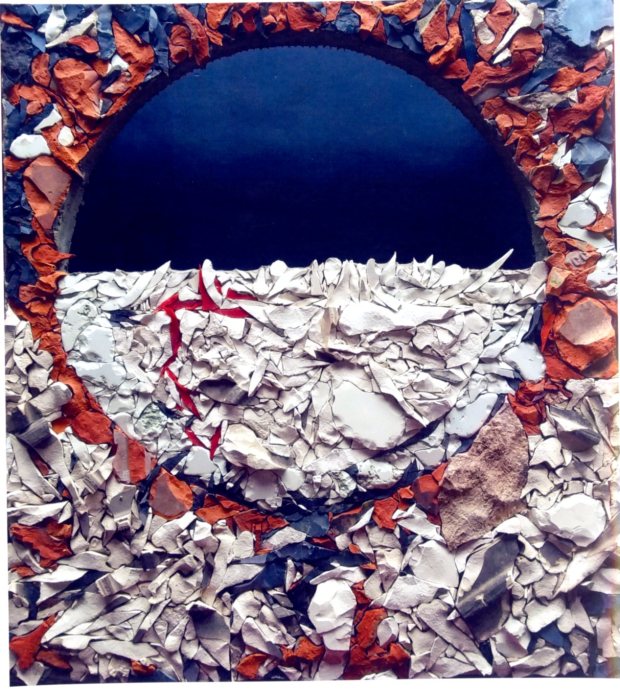 Aude Fourier, Soffio di luce, 2016, paste vitree e ceramica su pannello a nido d'ape, cm 60x67, courtesy dell'artista